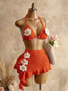 Mistrie Women Orange And White Summer V-Neck Flower Backless Boho Beach Holiday Two-Piece Set,Halter Neck Textured Hollow Mini Dress For Music Festival - Orange - View 3