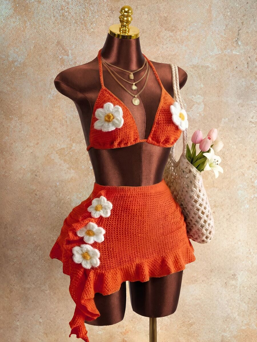 Mistrie Women Orange And White Summer V-Neck Flower Backless Boho Beach Holiday Two-Piece Set,Halter Neck Textured Hollow Mini Dress For Music Festival