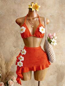 Mistrie Women Orange And White Summer V-Neck Flower Backless Boho Beach Holiday Two-Piece Set,Halter Neck Textured Hollow Mini Dress For Music Festival - Orange - View 4