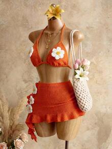 Mistrie Women Orange And White Summer V-Neck Flower Backless Boho Beach Holiday Two-Piece Set,Halter Neck Textured Hollow Mini Dress For Music Festival - Orange - View 6