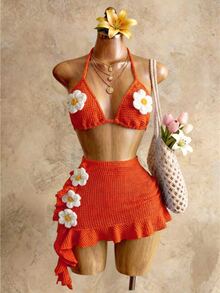Mistrie Women Orange And White Summer V-Neck Flower Backless Boho Beach Holiday Two-Piece Set,Halter Neck Textured Hollow Mini Dress For Music Festival - Orange - View 8