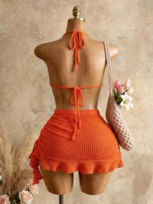 Mistrie Women Orange And White Summer V-Neck Flower Backless Boho Beach Holiday Two-Piece Set,Halter Neck Textured Hollow Mini Dress For Music Festival - Orange - View 5