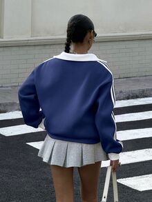 Muchica 女款秋冬保暖內裡撞色緞帶 POLO 領刺繡寬鬆衛衣 - 藏蓝色 - 查看 2