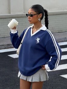 Muchica 女款秋冬保暖內裡撞色緞帶 POLO 領刺繡寬鬆衛衣 - 藏蓝色 - 查看 1