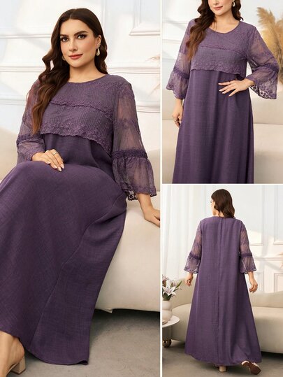Lacomfia Minimalist Casual Mesh Embroidered Patchwork Solid Color Round Neck 3/4 Sleeve Loose Regular Fit Plus Size Dress For Spring/Summer
