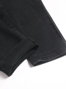 SHEIN Teen Boy Cross-Stitch Pattern Woolen Base Stretchy Tight-Fitting Jeans Halloween And Black To School Winter - Black - View 5
