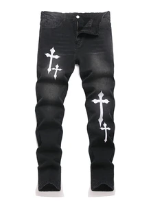 SHEIN Teen Boy Cross-Stitch Pattern Woolen Base Stretchy Tight-Fitting Jeans Halloween And Black To School Winter - Black - View 7