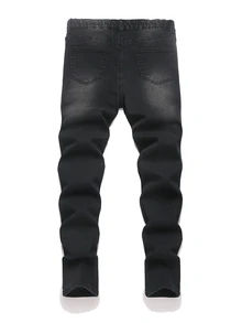 SHEIN Teen Boy Cross-Stitch Pattern Woolen Base Stretchy Tight-Fitting Jeans Halloween And Black To School Winter - Black - View 2