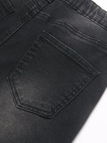 SHEIN Teen Boy Cross-Stitch Pattern Woolen Base Stretchy Tight-Fitting Jeans Halloween And Black To School Winter - Black - View 4