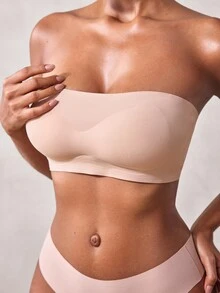 Veilyse 2件組女款無肩帶露背無鋼圈Bralette，黑色防滑矽膠軟墊杯，可拆式內墊，抹胸式內衣貼身內著 - 杏色 - 查看 7