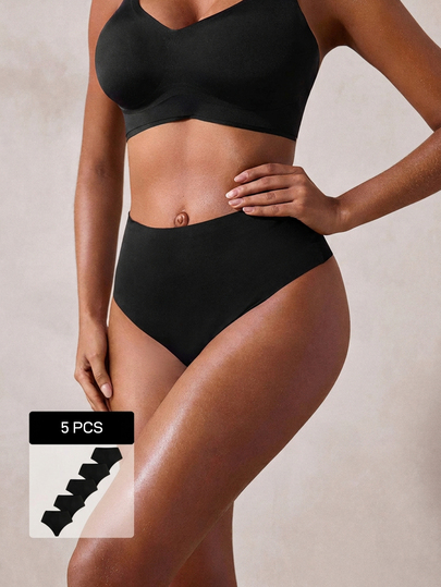 Veilyse 5pcs Seamless High Waist Sexy Women's Thong, Folded Edge Anti-Slip Anti-Curling Women's Panties XS-XXL