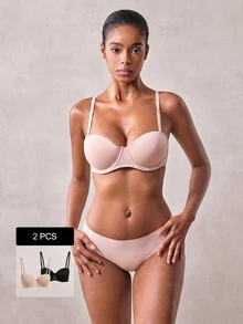 Veilyse 2pcs Solid Color Seamless Underwire Push-Up Bra For Women, Detachable Straps, Cold Shoulder Bra, Strapless Bridal Bra - Multicolor - View 2