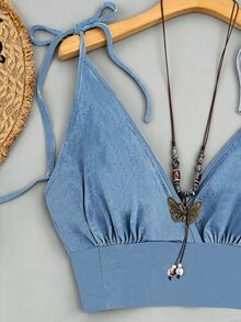 SHEIN Franclia 綁帶深V純色短版吊帶上衣與高腰百褶短褲兩件式套裝，度假節慶休閒沙灘性感套裝 - 中等水洗藍 - 查看 3