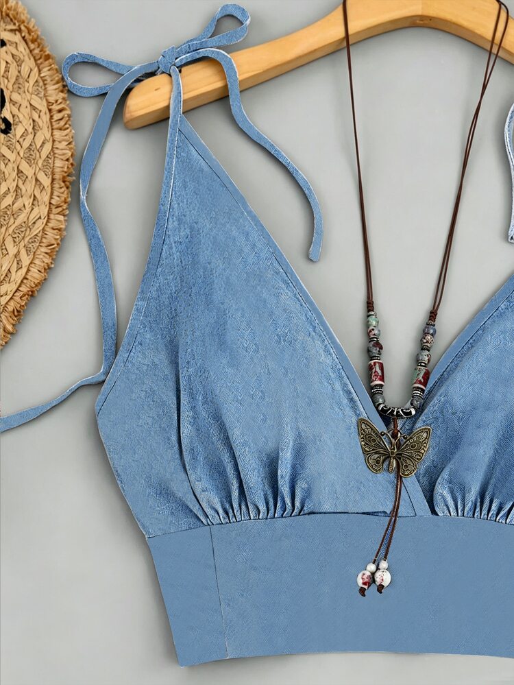 SHEIN Franclia Tie Strap Deep V Solid Color Crop Cami Top & High Waist Pleated Shorts Two Piece Outfit, Vacation Festival Casual Set Two-Piece Outfits Beach Sexy - Medium Wash - View 3