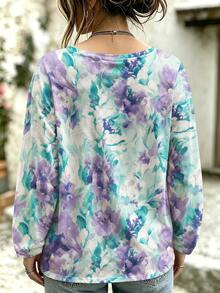 EMERY ROSE 大尺碼女款休閒紮染花卉印花圓領長袖T恤上衣，適合秋季日常穿著 - 彩色 - 查看 2