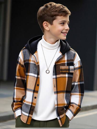 SHEIN Tween Boys' Casual Black And White Plaid Patchwork Loose Fit Button-Up Long Sleeve Shirt,Winter Back-To-School Comfortable Everyday School Top