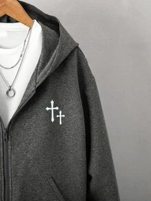 Teen Boy All-Match Pattern Print Multi-Function Hooded Zip-Up Sweatshirt Autumn Fall - Grey - View 5