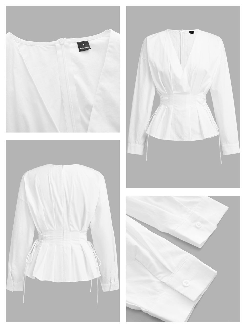 SHEIN Maija White Women's Long Sleeve Ruched Waist Blouse, Urban Autumn/Winter Vacation Business Basic