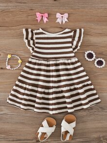 Cozy Pixies Baby Girl Casual Daily Cute Flutter Sleeve Round Neck Patchwork Striped A-Line Dress With Flower Patch And Woven Label - Brown - View 2
