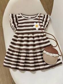 Cozy Pixies Baby Girl Casual Daily Cute Flutter Sleeve Round Neck Patchwork Striped A-Line Dress With Flower Patch And Woven Label - Brown - View 1