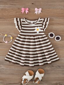 Cozy Pixies Baby Girl Casual Daily Cute Flutter Sleeve Round Neck Patchwork Striped A-Line Dress With Flower Patch And Woven Label - Brown - View 6