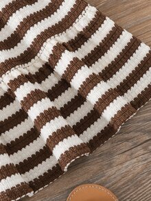 Cozy Pixies Baby Girl Casual Daily Cute Flutter Sleeve Round Neck Patchwork Striped A-Line Dress With Flower Patch And Woven Label - Brown - View 3