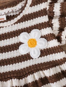 Cozy Pixies Baby Girl Casual Daily Cute Flutter Sleeve Round Neck Patchwork Striped A-Line Dress With Flower Patch And Woven Label - Brown - View 4