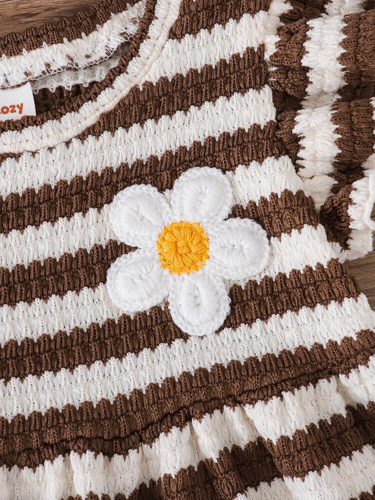 Cozy Pixies Baby Girl Casual Daily Cute Flutter Sleeve Round Neck Patchwork Striped A-Line Dress With Flower Patch And Woven Label - Brown - View 4