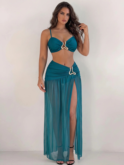 Swim Oasis 3pcs Women Teal Blue Split Bikini Set,Metal Decor Adjustable Strap Bandeau Top & High Waist Skirt,Elegant Summer Beach Party Holiday Vacation Style