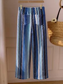 Comfortcana Women's Colorblock Striped Drawstring Waist Wide Leg Loose Long Pants - Blue - View 2