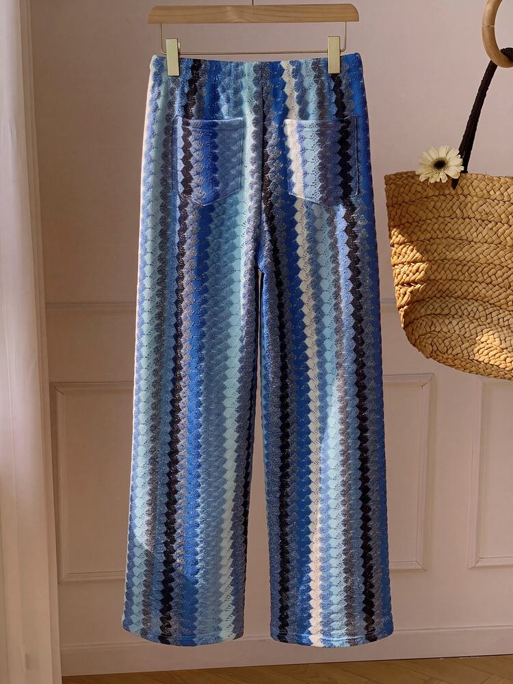 Comfortcana Women's Colorblock Striped Drawstring Waist Wide Leg Loose Long Pants - Blue - View 2