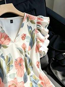EMERY ROSE Jersey de cuello en V con volantes y estampado floral, casual y versátil para mujer de talla grande, perfecto para el verano - Multicolor - Ver 5
