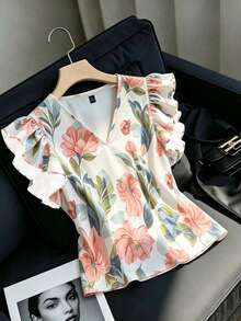 EMERY ROSE Jersey de cuello en V con volantes y estampado floral, casual y versátil para mujer de talla grande, perfecto para el verano - Multicolor - Ver 3