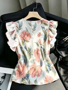 EMERY ROSE Jersey de cuello en V con volantes y estampado floral, casual y versátil para mujer de talla grande, perfecto para el verano - Multicolor - Ver 4