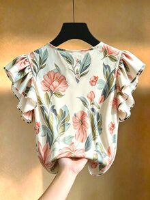 EMERY ROSE Jersey de cuello en V con volantes y estampado floral, casual y versátil para mujer de talla grande, perfecto para el verano - Multicolor - Ver 2