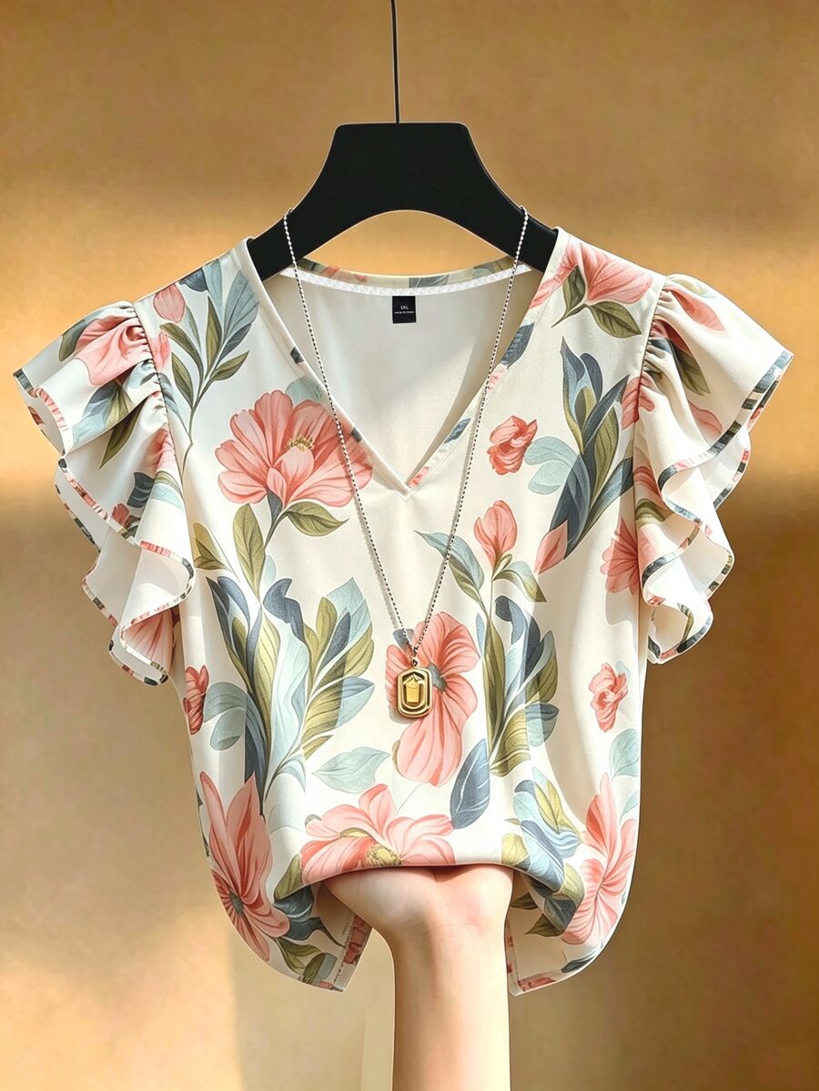 EMERY ROSE Jersey de cuello en V con volantes y estampado floral, casual y versátil para mujer de talla grande, perfecto para el verano - Multicolor - Ver 1
