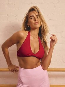 Aralina Women's Solid Color Twisted Backless Halter Neck Sports Bra - Red - View 3