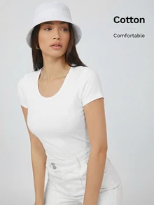 SHEIN BASICS 女款純色短袖修身休閒百搭多功能T恤上衣 白色 旅行度假 夏季 日常 白天 家居 - 白色 - 查看 7