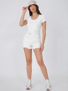 SHEIN BASICS 女款純色短袖修身休閒百搭多功能T恤上衣 白色 旅行度假 夏季 日常 白天 家居 - 白色 - 查看 6