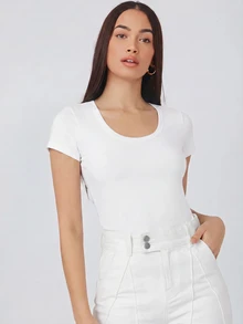 SHEIN BASICS 女款純色短袖修身休閒百搭多功能T恤上衣 白色 旅行度假 夏季 日常 白天 家居 - 白色 - 查看 5