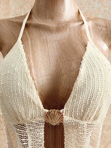 Mistrie 女款米白色鉤編掛脖綁腰海灘度假洋裝，夏季熱帶性感度假穿搭，純色露背比基尼罩衫套裝 - 杏色 - 查看 7
