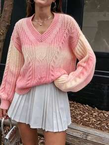 Elafinee Women's Gradient V-Neck Long Sleeve Casual Cute Romantic Loose Sweater Brunch Pink And Yellow Autumn - Pink - View 1