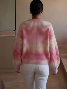 Elafinee Women's Gradient V-Neck Long Sleeve Casual Cute Romantic Loose Sweater Brunch Pink And Yellow Autumn - Pink - View 2