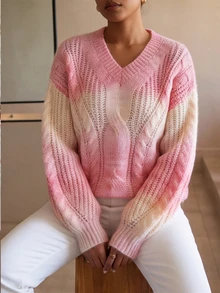 Elafinee Women's Gradient V-Neck Long Sleeve Casual Cute Romantic Loose Sweater Brunch Pink And Yellow Autumn - Pink - View 5