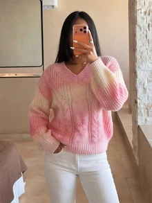 Elafinee Women's Gradient V-Neck Long Sleeve Casual Cute Romantic Loose Sweater Brunch Pink And Yellow Autumn - Pink - View 4
