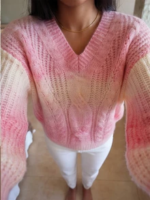 Elafinee Women's Gradient V-Neck Long Sleeve Casual Cute Romantic Loose Sweater Brunch Pink And Yellow Autumn - Pink - View 3