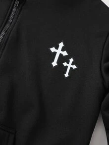 SHEIN Coolqubz 青少年男孩休閒百搭運動時尚都市街頭風十字印花拉鍊寬鬆衛衣，黑色，秋季 - 黑色 - 查看 4