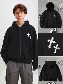 SHEIN Coolqubz 青少年男孩休閒百搭運動時尚都市街頭風十字印花拉鍊寬鬆衛衣，黑色，秋季 - 黑色 - 查看 1
