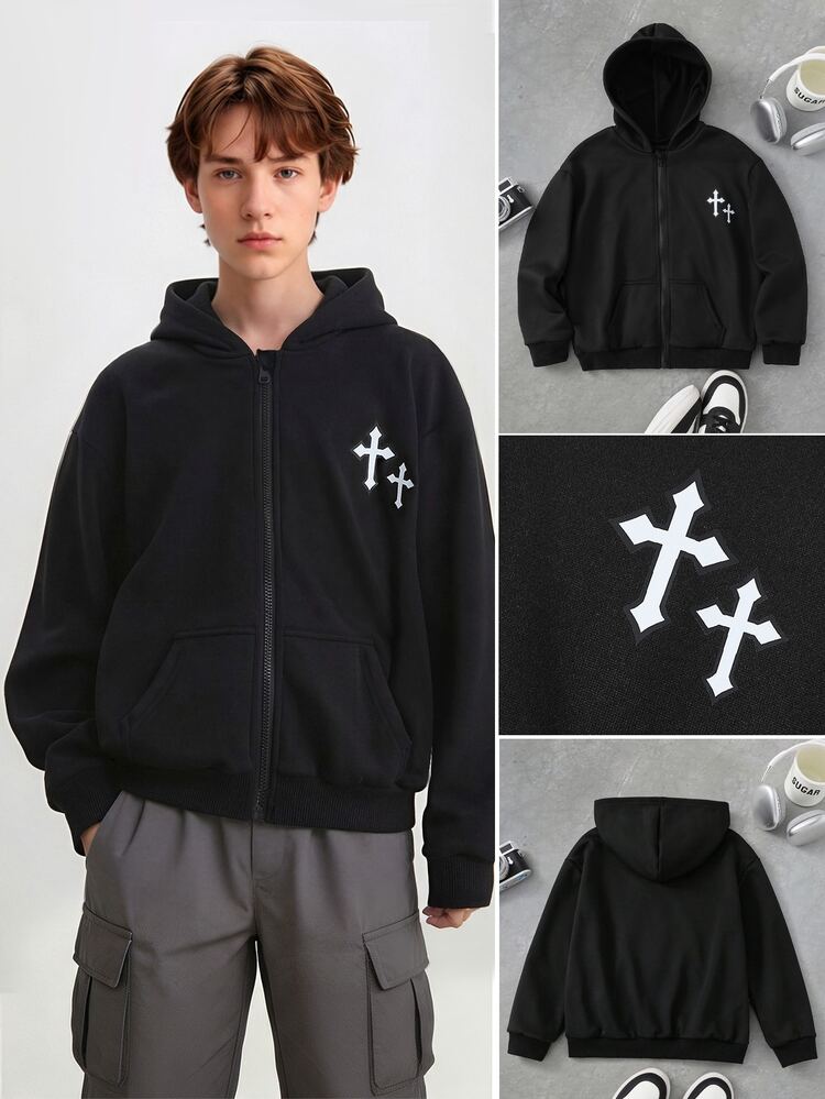 SHEIN Coolqubz 青少年男孩休閒百搭運動時尚都市街頭風十字印花拉鍊寬鬆衛衣，黑色，秋季 - 黑色 - 查看 1