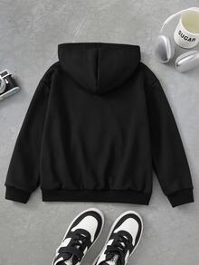 SHEIN Coolqubz 青少年男孩休閒百搭運動時尚都市街頭風十字印花拉鍊寬鬆衛衣，黑色，秋季 - 黑色 - 查看 2